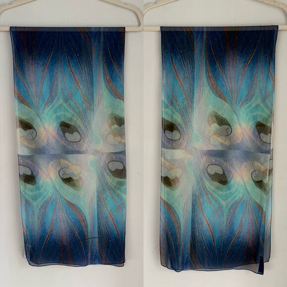 Metropolitan Museum Of Art Silk Scarf MMA Made In Italy Peacock Feather Sheer - Picture 1 of 8